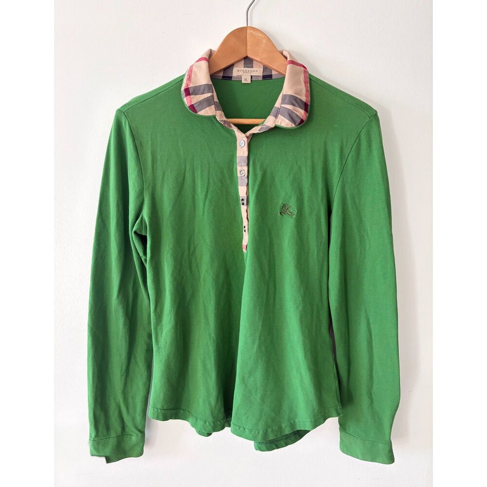 BURBERRY Green Long Sleeve Polo Shirt Nova Check Plaid Trim Womens XL